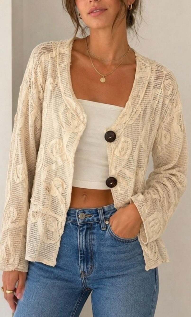 Frazzle Beige Textured Open-Knit Button-Front Cardigan XXL Boho Coverup